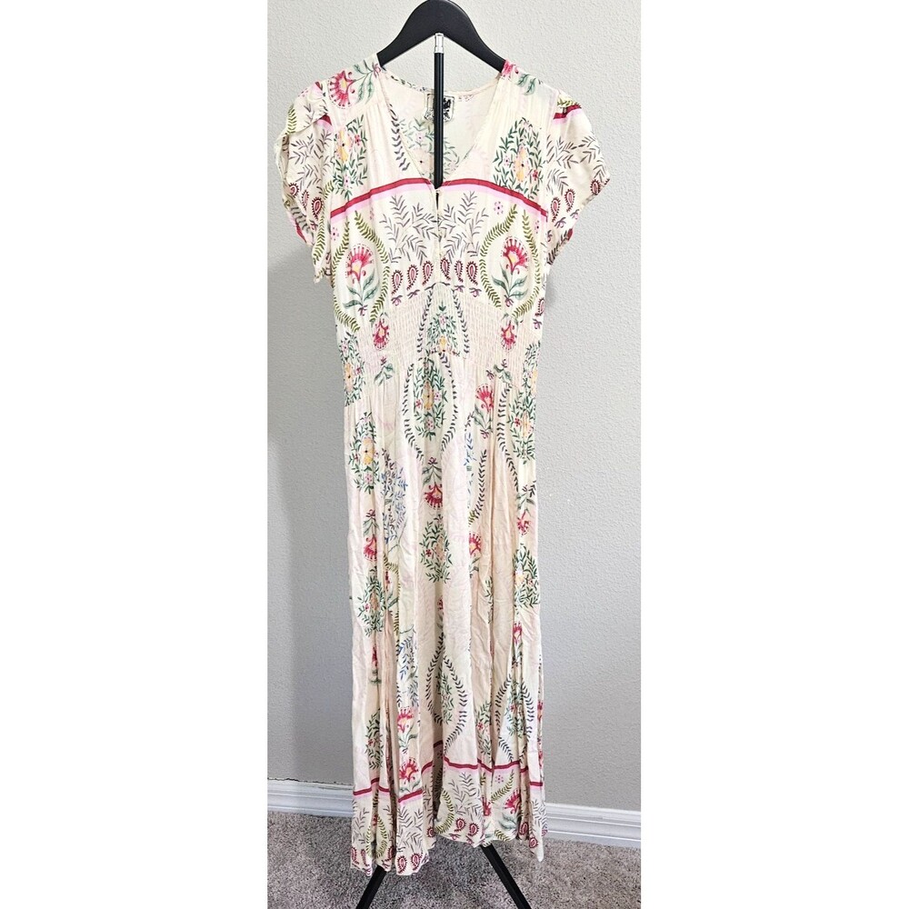 Jaase Floral Maxi Dress Womens S Cream Boho Prairie Cottagecore Smocked Midi